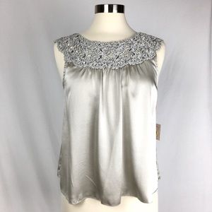 Gorgeous - One Of A Kind- Intuitions Grey Silk Top with Crochet Neckline